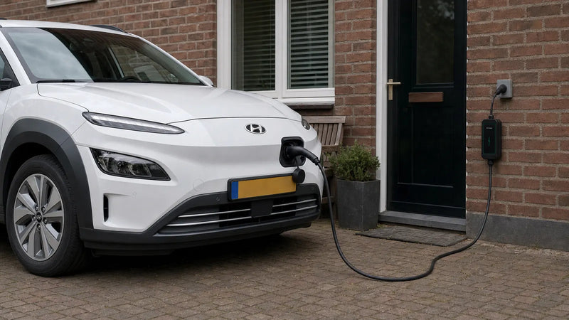 Elektrische auto die via een mobiele thuislader aan het gewone stopcontact laadt