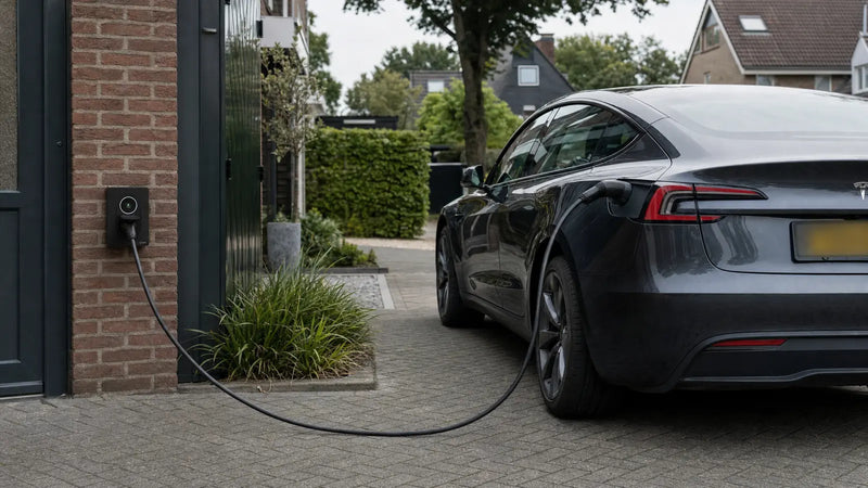 Laadkabel die de afstand overbrugt tussen een laadpaal aan de gevel en een auto op de oprit