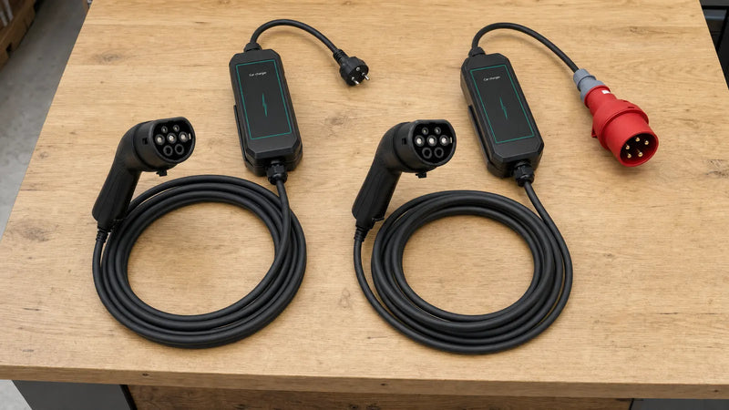 Twee mobiele thuisladers naast elkaar: een met stopcontactstekker en een met krachtstroomstekker