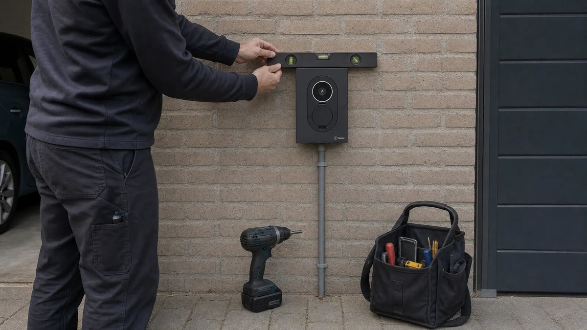 Installateur die met een waterpas controleert of een nieuw gemonteerde laadpaal recht hangt