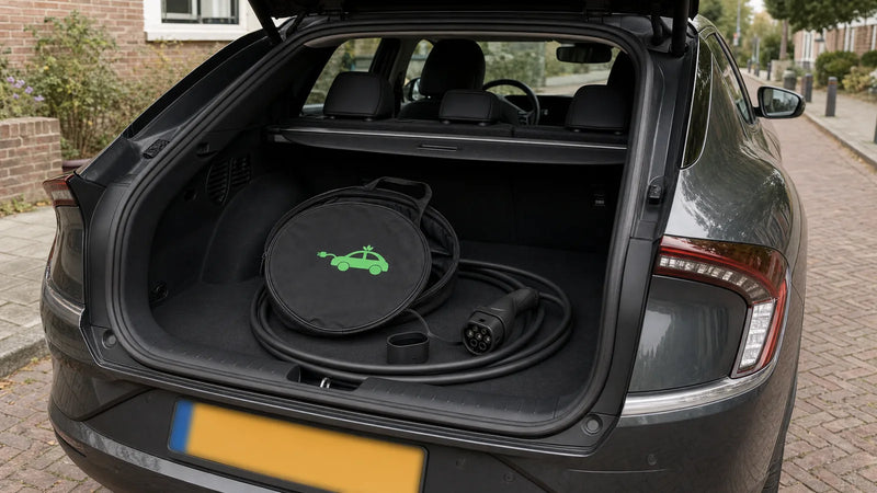 Laadkabel in een kabeltas in de kofferbak van een elektrische auto