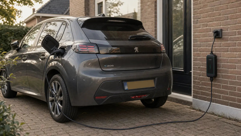 Elektrische auto die op de oprit laadt met een mobiele thuislader aan het stopcontact