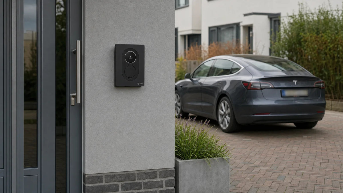 Laadpaal aan de gevel naast de voordeur van een woning