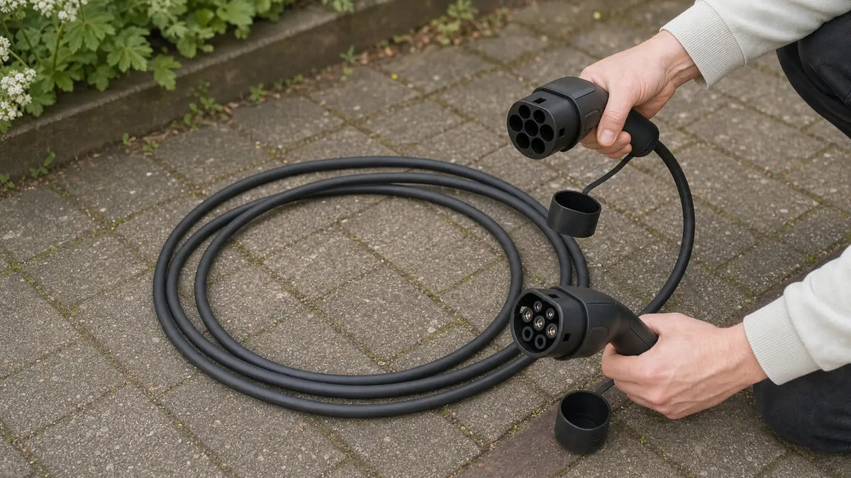 Handen die een lange type 2-laadkabel uitrollen op een oprit