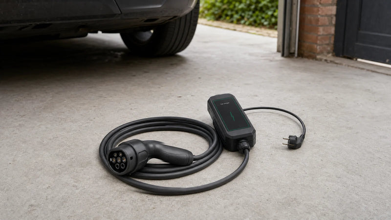 Mobiele thuislader met type 2-stekker, laadunit en stopcontactstekker op een garagevloer