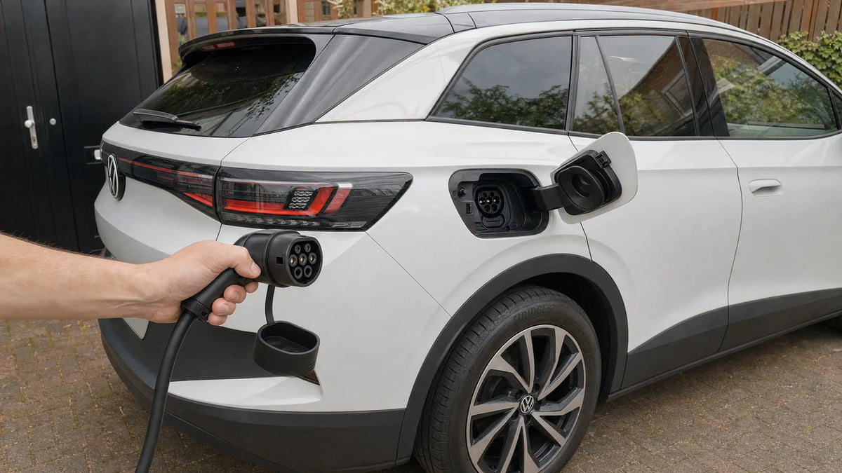 Hand met een laadstekker vlak voor de open laadklep van een elektrische auto
