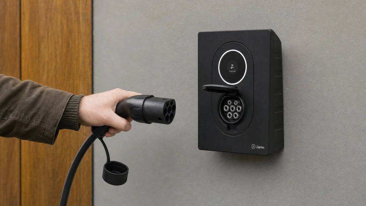 Hand die een laadstekker naar de contactdoos van een laadpaal brengt