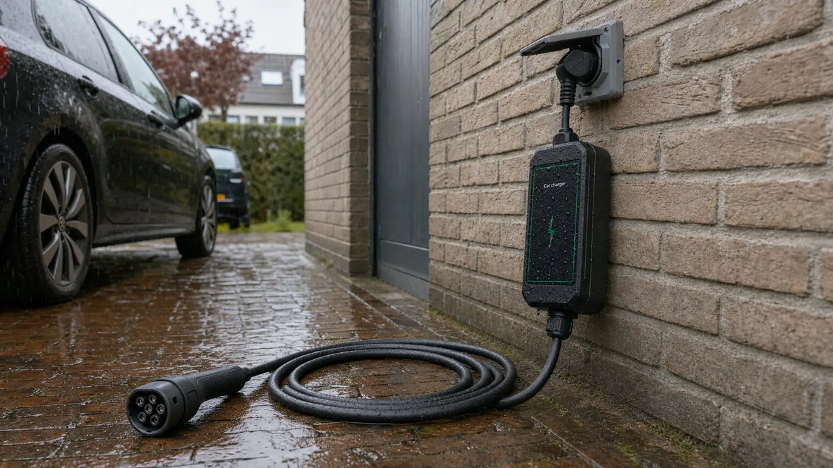 Mobiele thuislader in de regen op een oprit, aangesloten op een buitenstopcontact