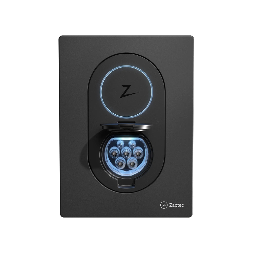 Zaptec Go laadpaal in zwart met de Type 2-aansluiting in beeld