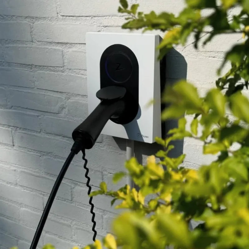 Witte Zaptec Go laadpaal aan een wit geschilderde bakstenen gevel, met aangesloten laadkabel en groen blad op de voorgrond.
